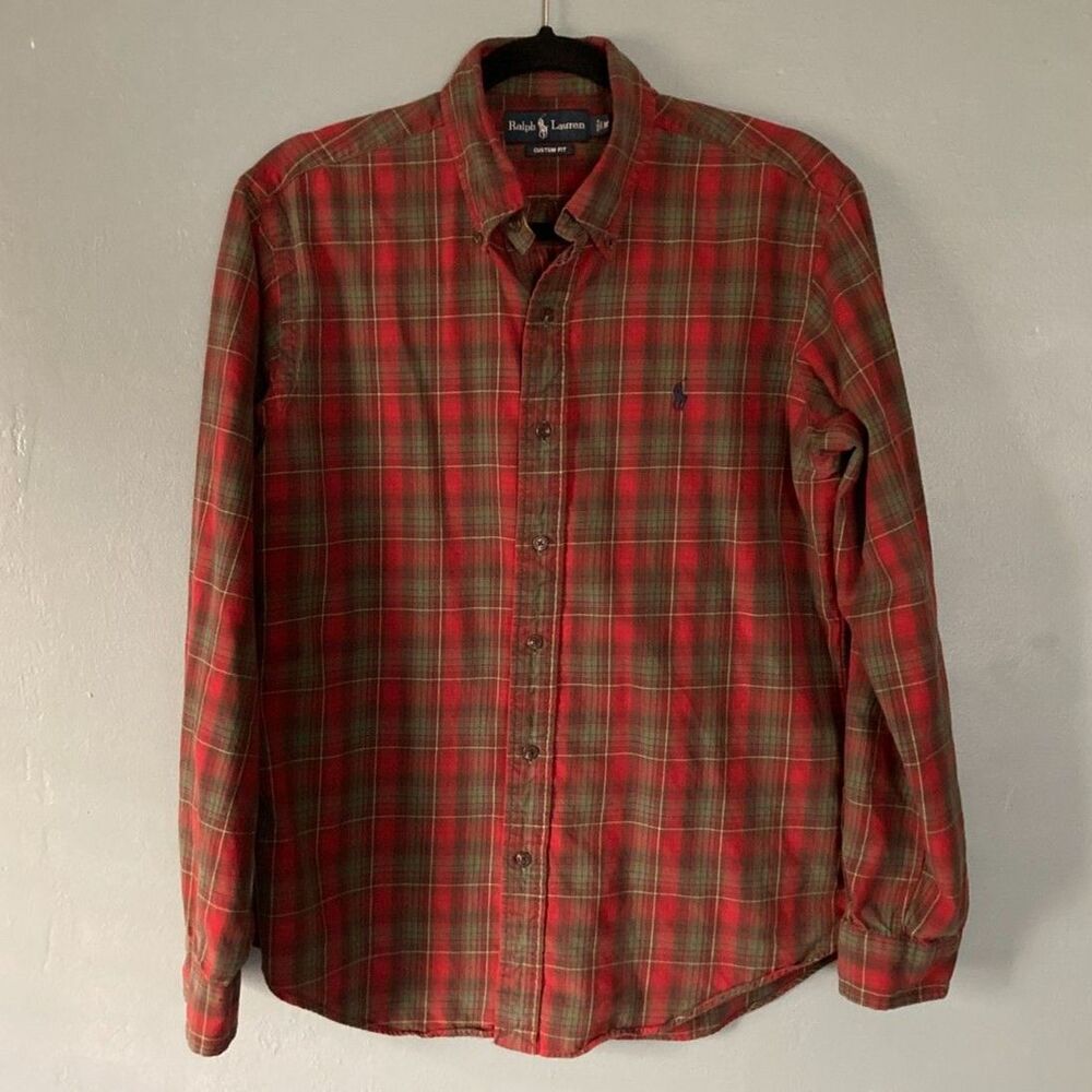 Ralph Lauren men's Custom Fit red/green cotton plaid button down shirt medium